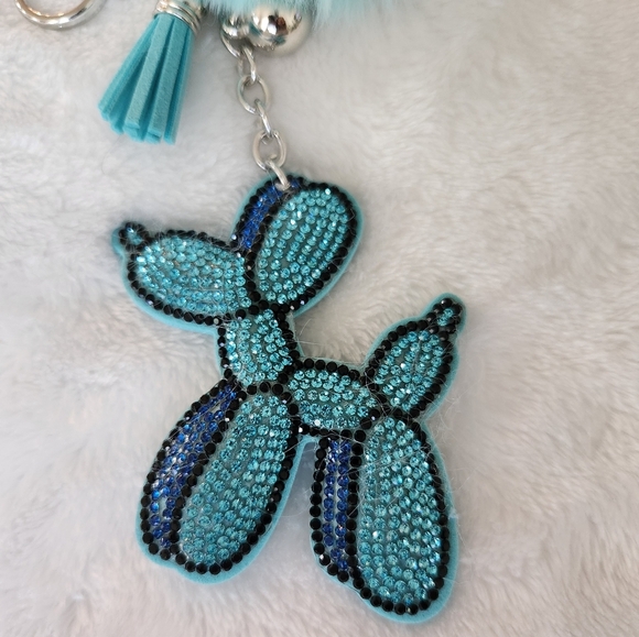 Blue Rhinestone Balloon Dog Keychain with Pom Pom - Picture 2 of 4